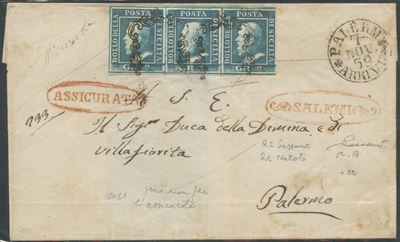 Sicilia, Storia postale: busta assicurata Salemi–Palermo (1859) con striscia di tre da 2 gr azzur...