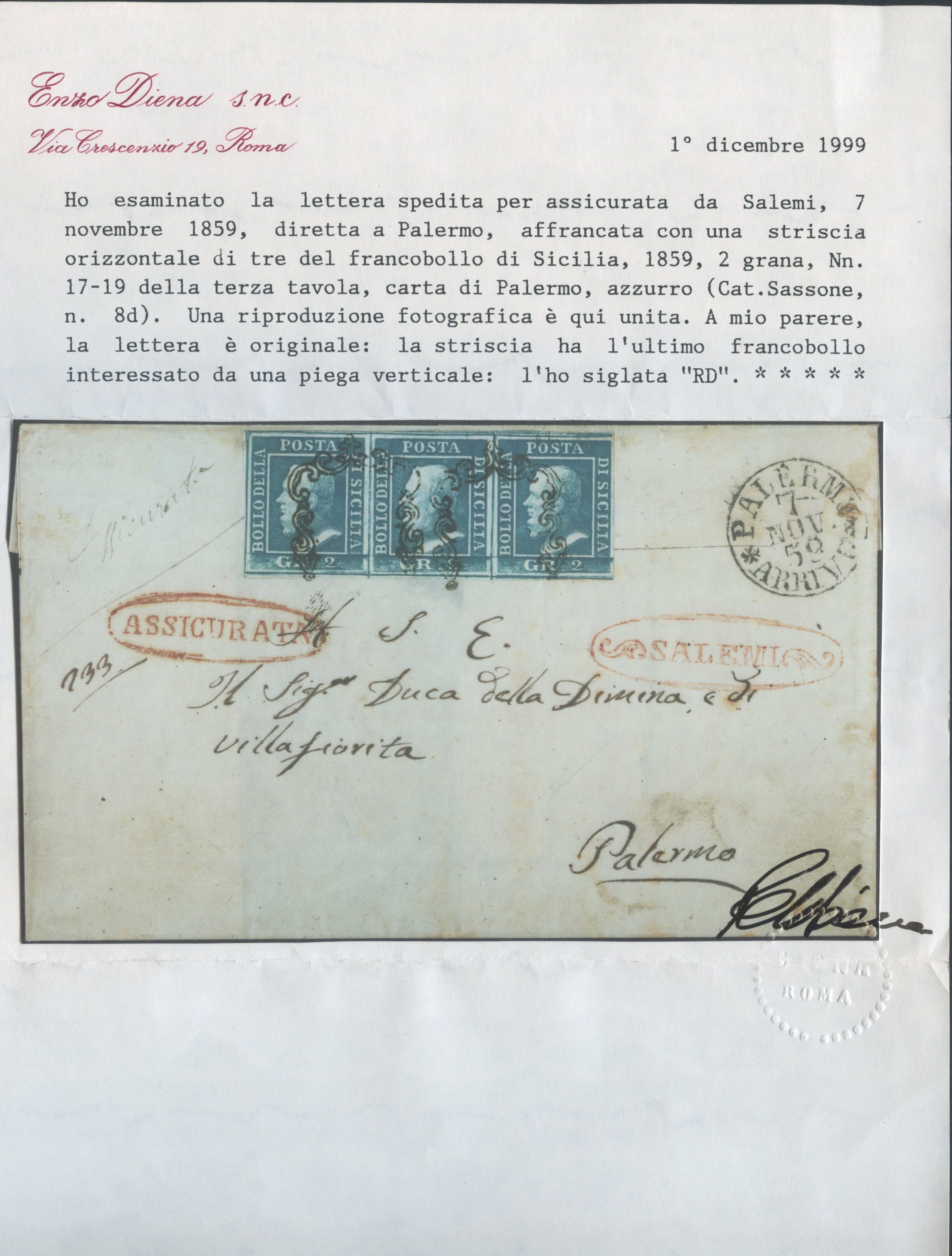 Sicilia, Storia postale: busta assicurata Salemi–Palermo (1859) con striscia di tre da 2 gr azzur...