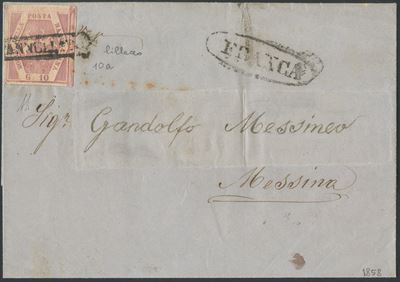 Francobollo, Napoli per Messina (24.08.1858) — busta postale affrancata da 10 gr. rosa lillaceo n...
