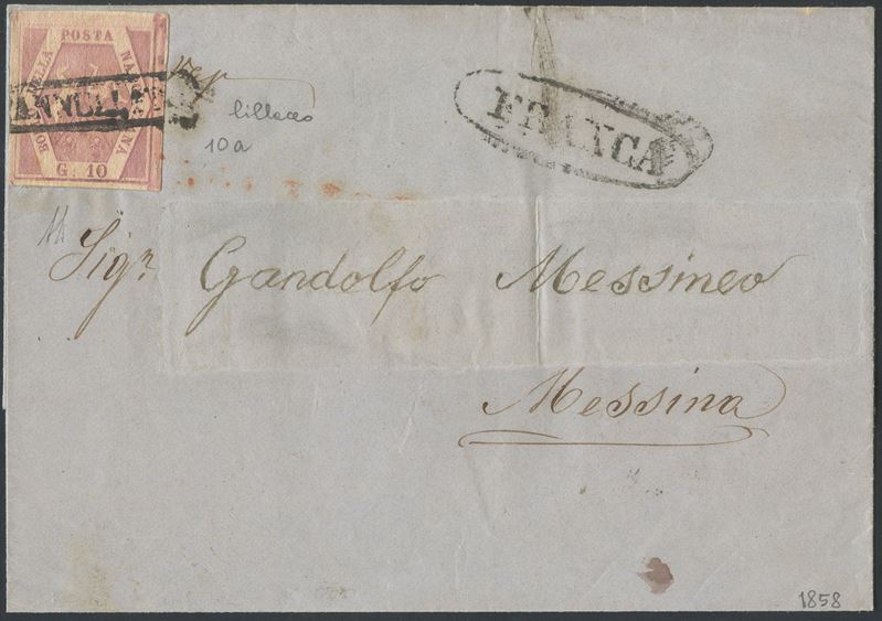 Francobollo, Napoli per Messina (24.08.1858) — busta postale affrancata da 10 gr. rosa lillaceo n...