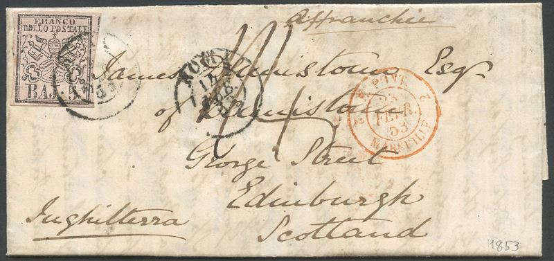 Pontificio, Storia postale – Lettera Roma per la Scozia, affrancatura 5 b. rosa chiaro n. 6 (23.0...