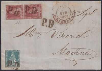 Diena, 25.03.1855, Busta da Livorno per Modena con affrancatura in coppia da 1 crazie e francobol...