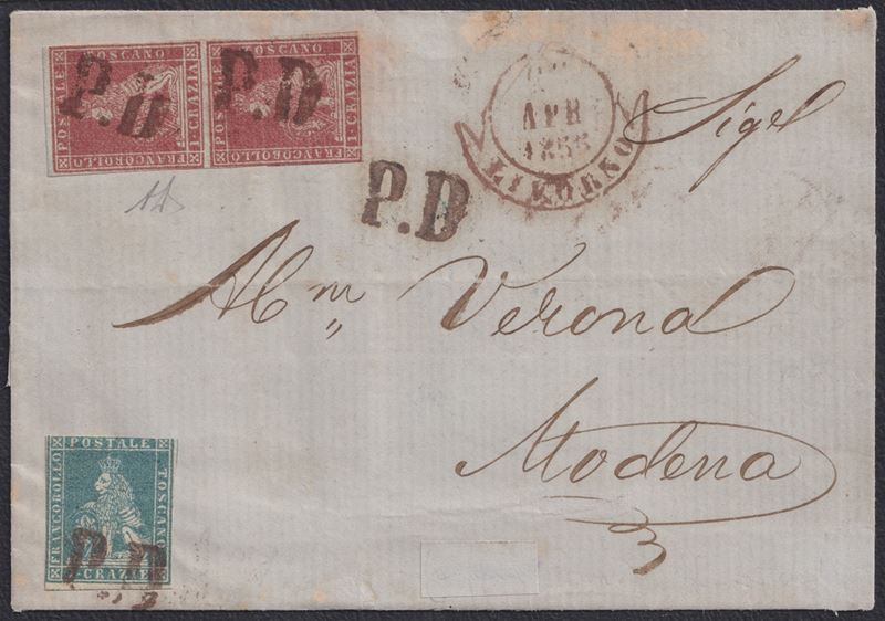 Diena, 25.03.1855, Busta da Livorno per Modena con affrancatura in coppia da 1 crazie e francobol...