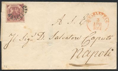 03.03.1861, Busta Barletta-Napoli con affrancatura 5 gr carminio cupo e annullo “Svolazzo” di Bar...