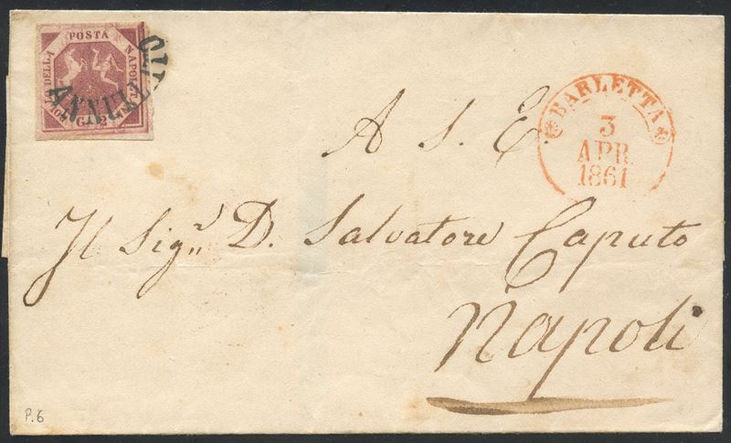 03.03.1861, Busta Barletta-Napoli con affrancatura 5 gr carminio cupo e annullo “Svolazzo” di Bar...