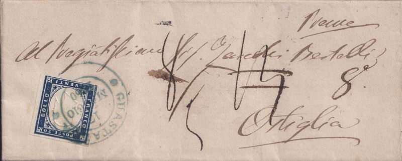 Sardegna, Storia postale: lettera del 17.05.1860 da Guestalla per Orteglia, affrancata con 20 cen...