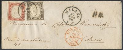 Francobolli, Busta postale Milano–Francia del 27 marzo 1860 affrancata per 50 centesimi