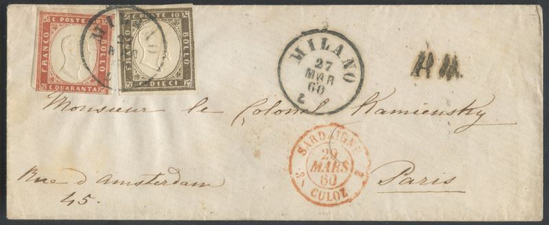 Francobolli, Busta postale Milano–Francia del 27 marzo 1860 affrancata per 50 centesimi