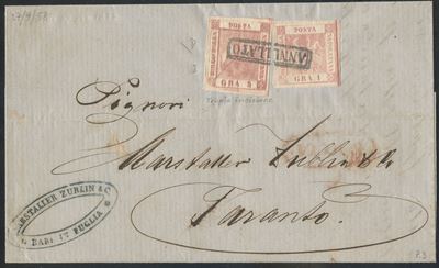 Enzo Diena, Napoli – Storia postale: busta Bari per Taranto affrancata (27.09.1858) con doppia im...