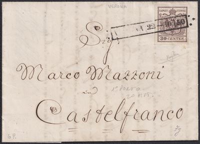 Lombardo-Veneto, Storia postale: lettera del 22.10.1850 da Verona per Castelfranco affrancata con...