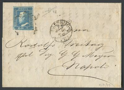 Francobollo/Sistema postale siciliano, Lettera da Palermo a Napoli del 13 luglio 1859 (2 gr. azzu...