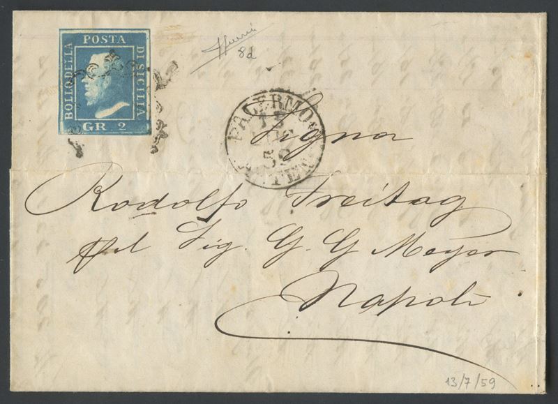 Francobollo/Sistema postale siciliano, Lettera da Palermo a Napoli del 13 luglio 1859 (2 gr. azzu...
