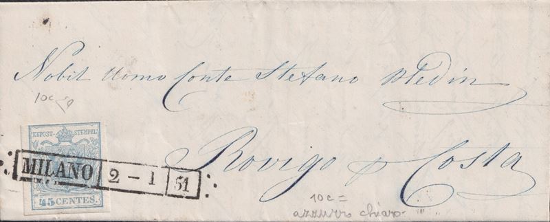 Enzo Diena, 02.01.1851 - Lettera postale Milano affrancata con francobollo 45 centesimi azzurro c...