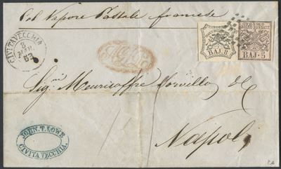 Pontificio, Storia postale: busta viaggiata Civitavecchia–Napoli (03.03.1853)