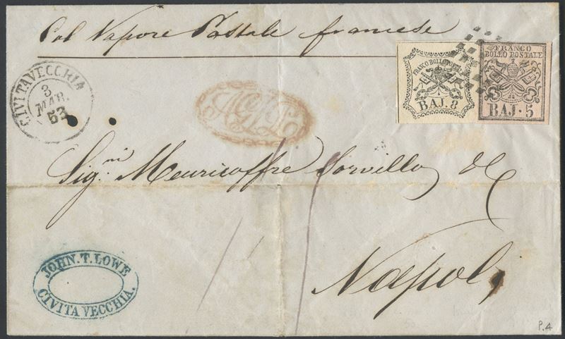 Pontificio, Storia postale: busta viaggiata Civitavecchia–Napoli (03.03.1853)