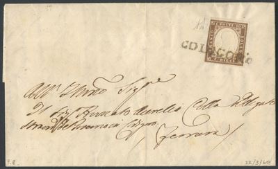 Diena (attribuito), Sardegna – Storia postale: lettera 23/03/1860 da Codigoro per Ferrara con aff...