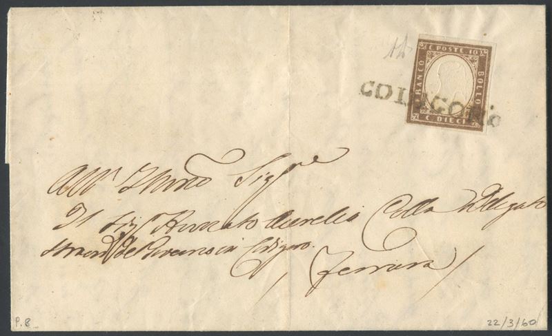 Diena (attribuito), Sardegna – Storia postale: lettera 23/03/1860 da Codigoro per Ferrara con aff...