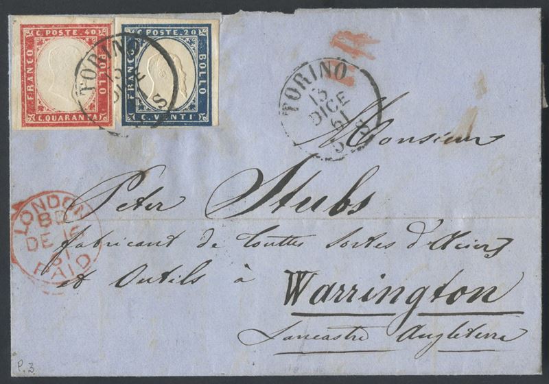 Sardegna, Storia postale — Lettera Torino per l’Inghilterra (13 dicembre 1861) con affrancatura d...