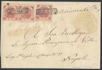 Alberto Diena, Napoli – Storia postale: busta assicurata Campobasso per Napoli, affrancata 6 gr. ...