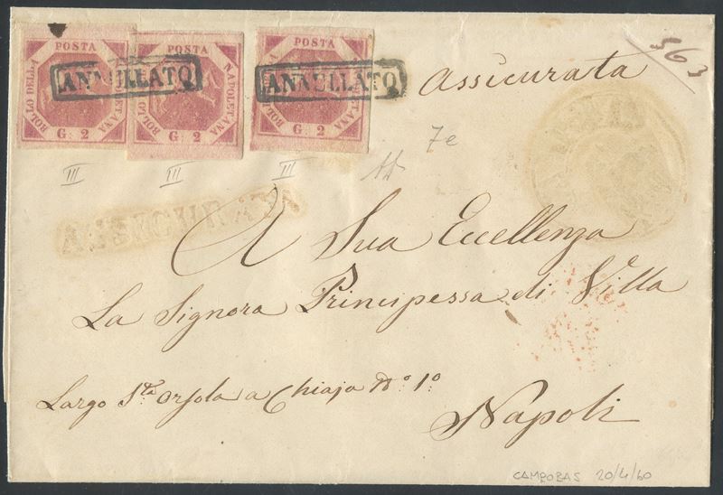 Alberto Diena, Napoli – Storia postale: busta assicurata Campobasso per Napoli, affrancata 6 gr. ...