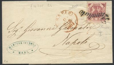 Lettera postale Bari-Napoli, 9.03.1861, affrancatura con 2 gr. carminio vivo (n. 5f) con svolazzo...