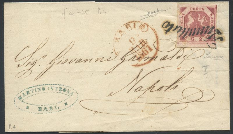 Lettera postale Bari-Napoli, 9.03.1861, affrancatura con 2 gr. carminio vivo (n. 5f) con svolazzo...