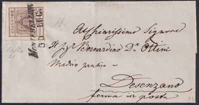 1857, Busta “FERMO IN POSTA” Montebelluno–Desenzano, 30 centesimi (carta a macchina n. 21)