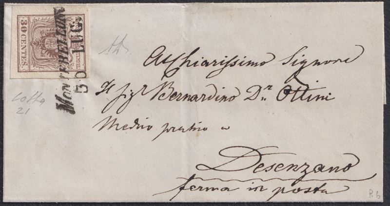 1857, Busta “FERMO IN POSTA” Montebelluno–Desenzano, 30 centesimi (carta a macchina n. 21)