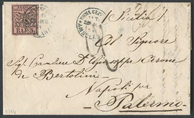 Francobolli pontifici, Lettera postale del 22 agosto 1864 Roma–Palermo via linea ambulante Roma–C...