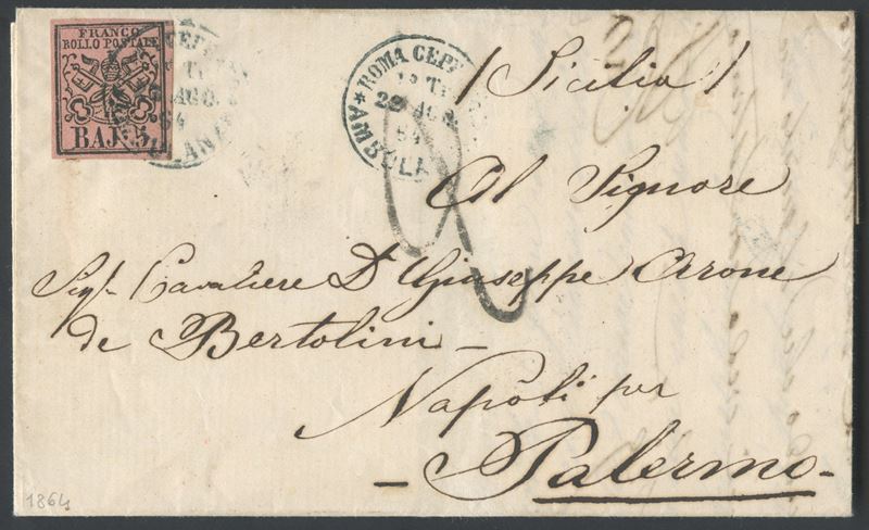 Francobolli pontifici, Lettera postale del 22 agosto 1864 Roma–Palermo via linea ambulante Roma–C...