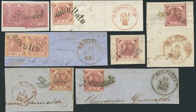 Napoli, Svolazzi: insieme di 7 frammenti di francobolli (1861)