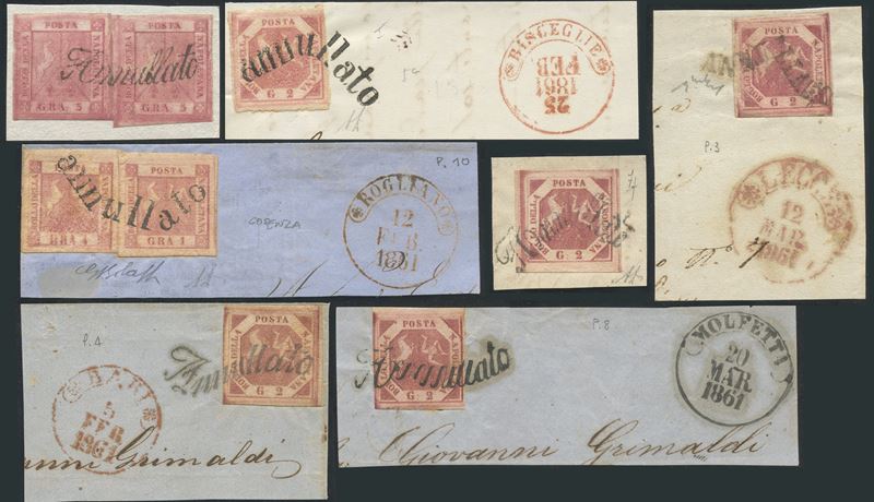 Napoli, Svolazzi: insieme di 7 frammenti di francobolli (1861)