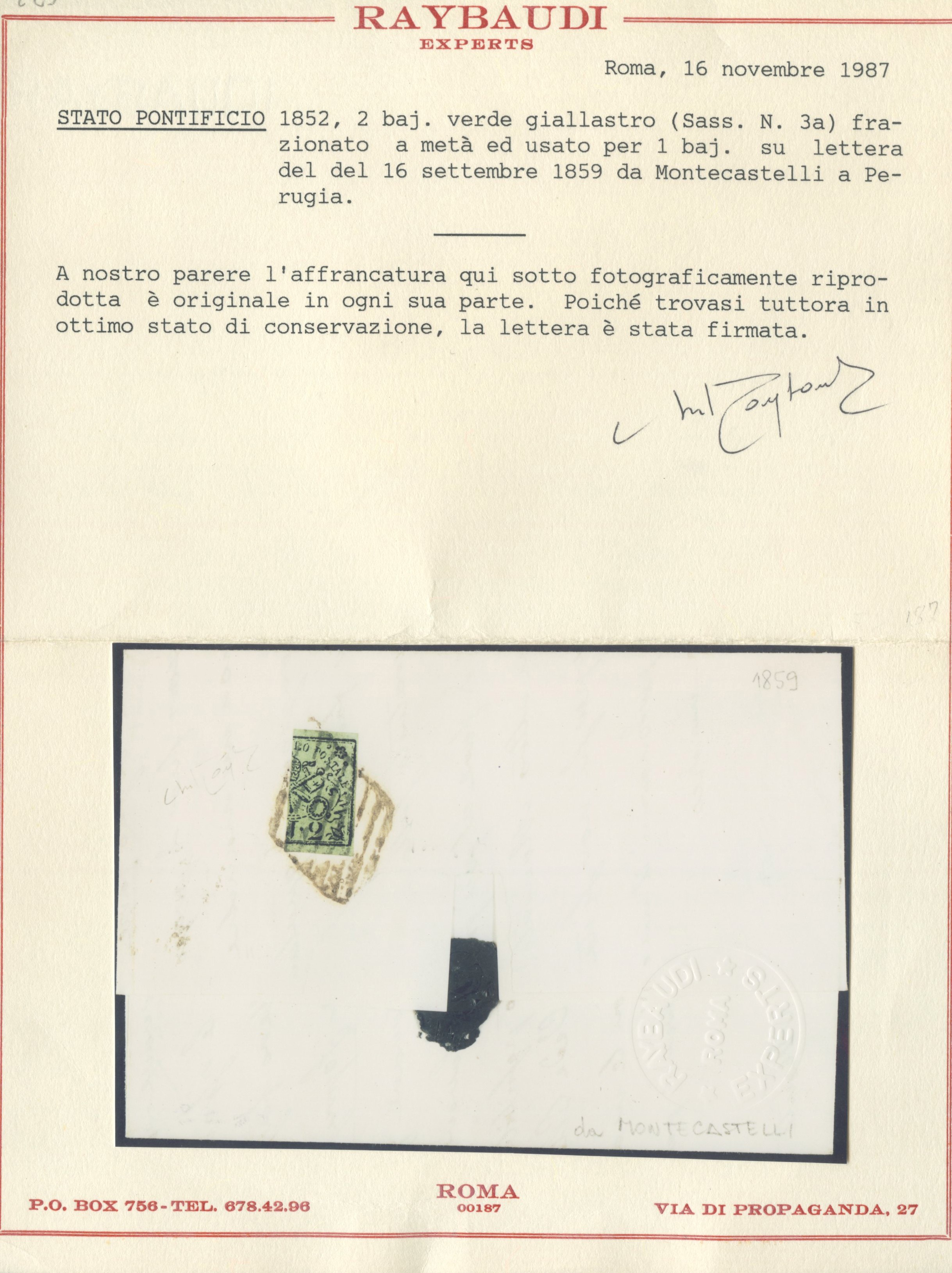 Francobollo pontificio, 16.09.1859 - Lettera da Montecastelli per Perugia con affrancatura da 1 b...