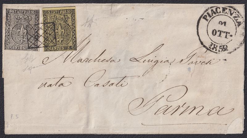 Alberto Diena, Busta postale Piacenza per Parma del 21.10.1852