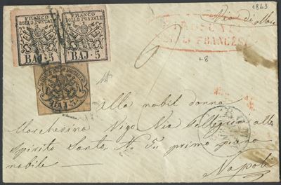 Alberto Diena, Pontifici – Storia postale: busta da Roma per Napoli (1863) affrancata da 13 baj