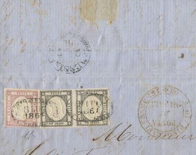 Province Napoletane, Frammento di lettera con affrancatura in coppia 1 gr. grigio scuro e 5 gr. r...