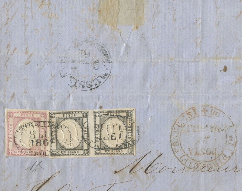 Province Napoletane, Frammento di lettera con affrancatura in coppia 1 gr. grigio scuro e 5 gr. r...