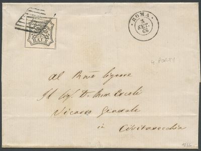 Pontificio, Busta postale del 03.09.1866 da Roma per Civitavecchia con affrancatura 8 baj. bianco...