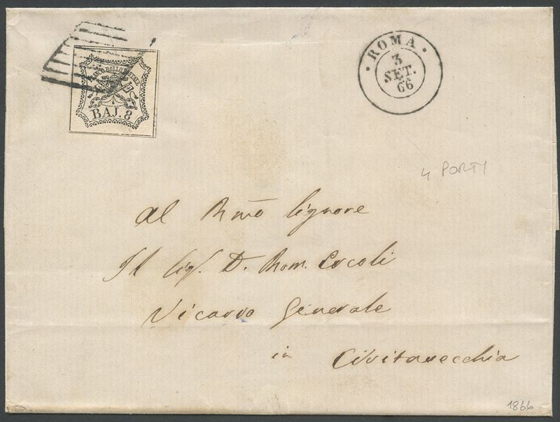 Pontificio, Busta postale del 03.09.1866 da Roma per Civitavecchia con affrancatura 8 baj. bianco...