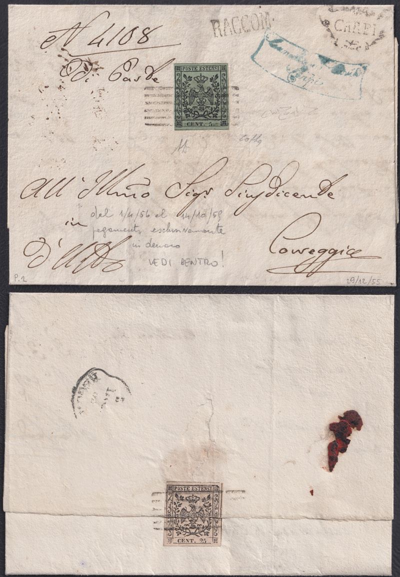 Alberto Diena, Modena – Storia Postale: lettera raccomandata (Carpi, 1858) con affrancatura 5 cen...