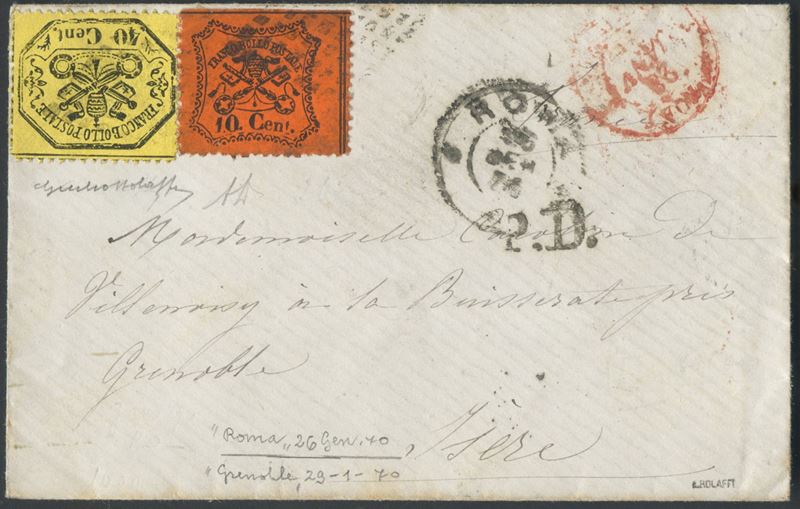 Certificato Bolaffi, Busta postale da Roma a Grenoble (26.01.1870)