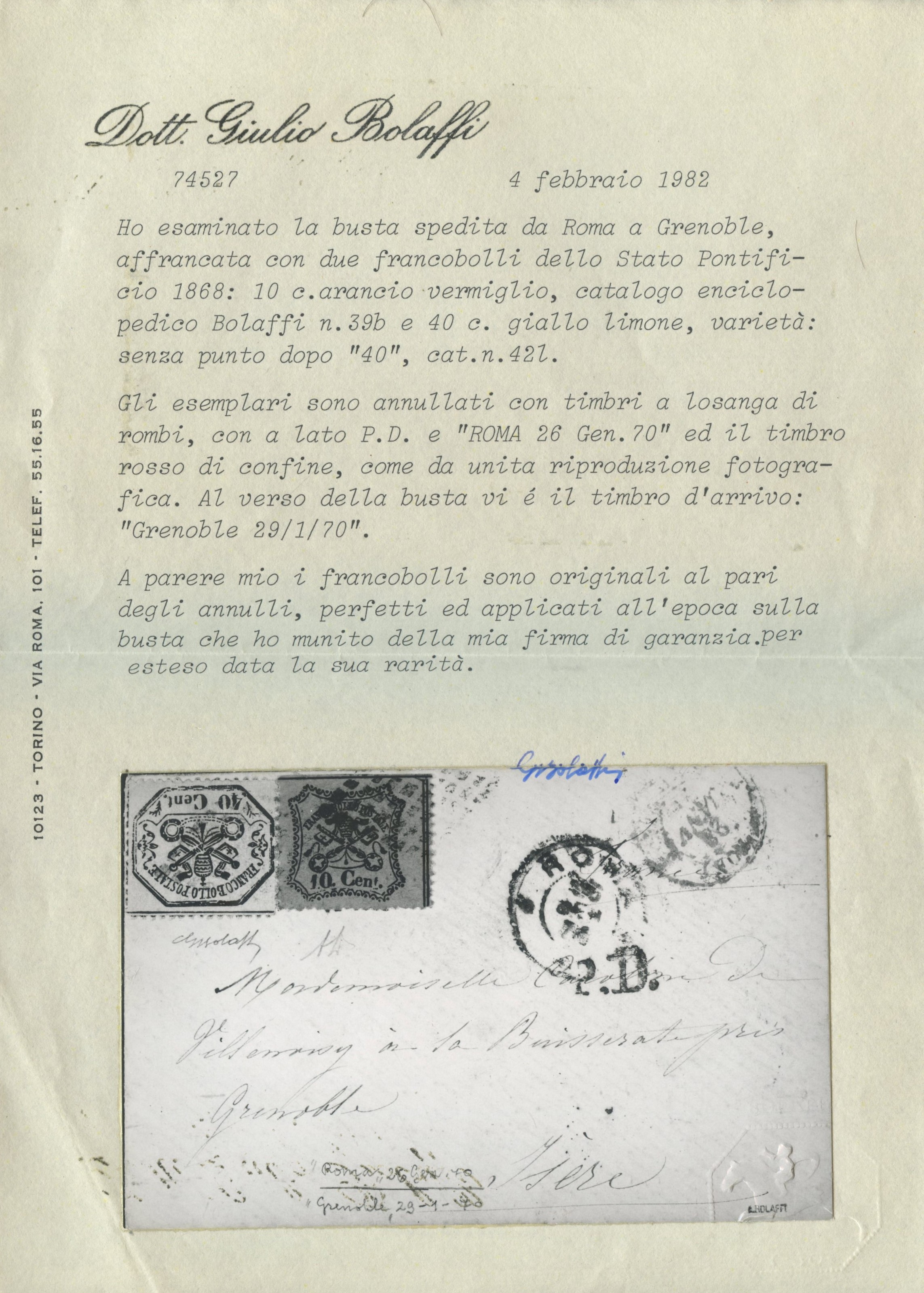 Certificato Bolaffi, Busta postale da Roma a Grenoble (26.01.1870)