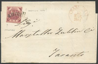 Manduria, Lettera del 10/03/1861 da Manduria per Taranto, affrancata con 2 gr carminio cupo, annu...