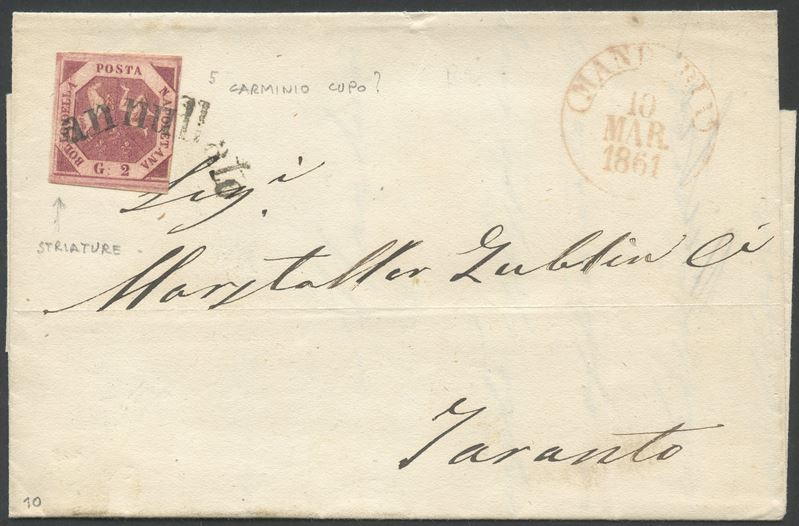 Manduria, Lettera del 10/03/1861 da Manduria per Taranto, affrancata con 2 gr carminio cupo, annu...