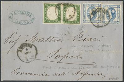 Affrancatura mista, 05.08.1863, Ancona–Popoli, lettera per 40 centesimi