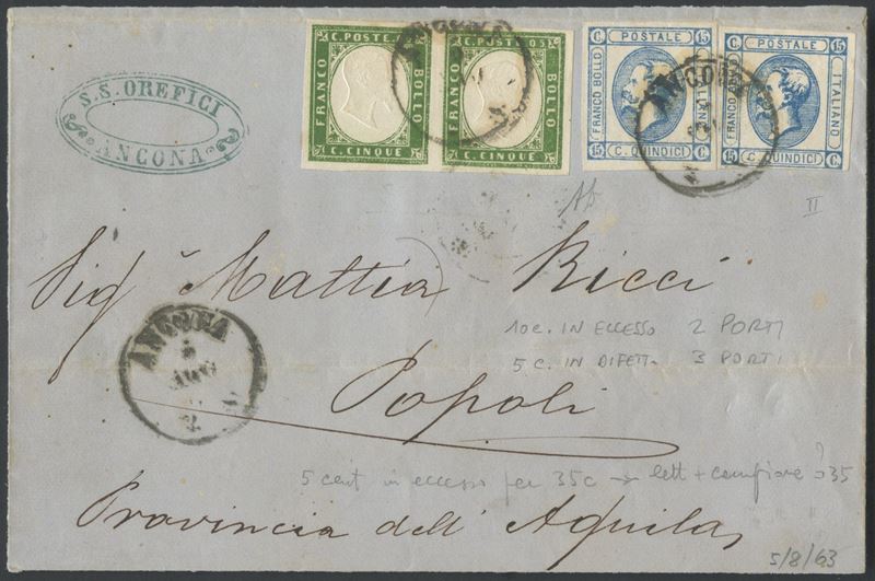 Affrancatura mista, 05.08.1863, Ancona–Popoli, lettera per 40 centesimi