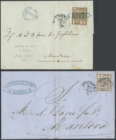 Pontificio, Due lettere affrancate con francobollo da 5 gr. (inchiostro oleoso), 1854
