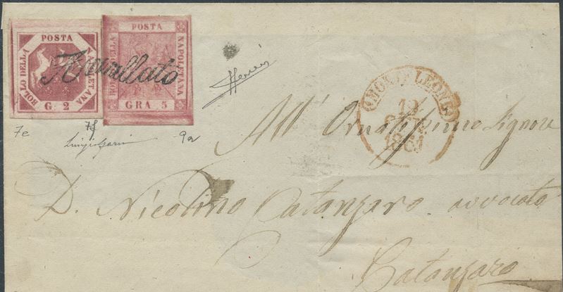 Luigi Gazzi (cert.), Napoli – Svolazzi, lettera affrancata da 7 grana (19/10/1861)