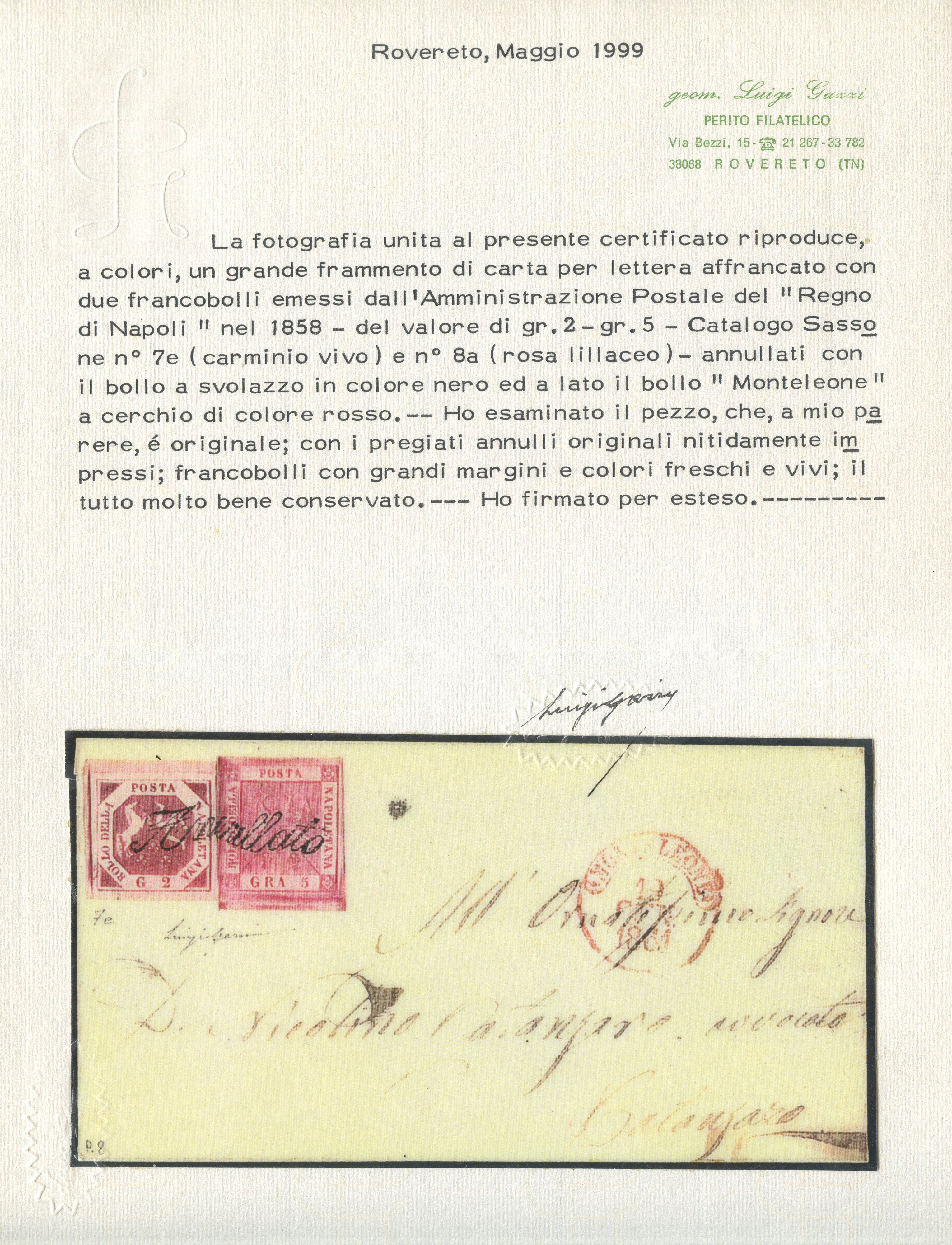 Luigi Gazzi (cert.), Napoli – Svolazzi, lettera affrancata da 7 grana (19/10/1861)