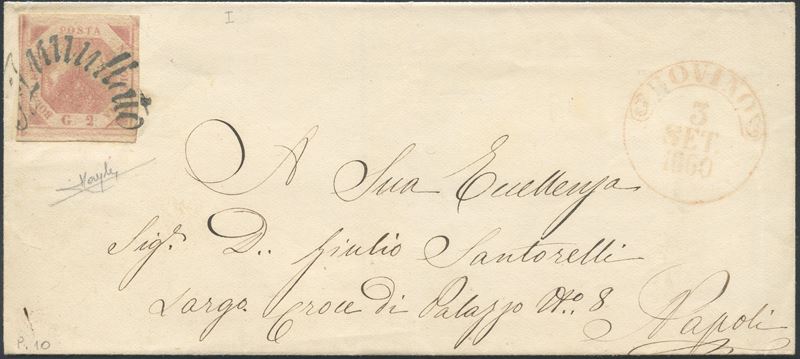 Bovino, Napoli - Svolazzi (03.09.1860) busta affrancata con 2 gr. rosa chiaro annullato